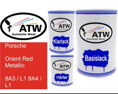 Porsche, Orient Red Metallic, 8A3 / L1 8A4 / L1: 500ml Lackdose + 500ml Klarlack + 250ml Härter - Set, von ATW Autoteile West.